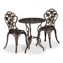 Produktbild: Relaxdays Gartenmöbel Set, 3-teilig, Tisch & 2 Stühle, Vintage Balkonmöbel, Aluguss, Garten Sitzgruppe, schwarz/bronze