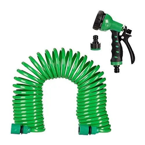 Produktbild: Relaxdays Gartenschlauch mit Brause, flexibel ausziehbar bis 10m, Spiralschlauch, Gartenbrause 7 Strahlarten, Wasserschlauch, grün, 10 x 47 x 19 cm