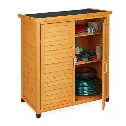 Produktbild: Relaxdays Gartenschrank, 3 Fächer, Flachdach mit Neigung, Doppeltür, HBT: 97 x 86,5 x 47 cm, Werkzeugschrank Holz, Natur