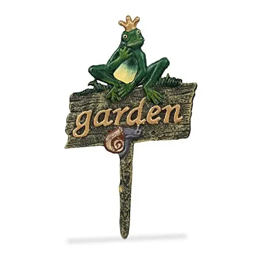 Produktbild: Relaxdays Gartenstecker Gusseisen, Steckschild mit Garden-Schriftzug, Froschkönig & Schnecke, HxB 27,5 x 15,5 cm, bunt