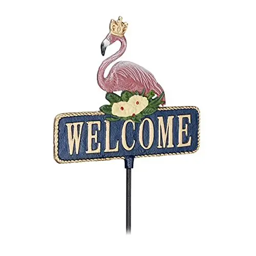 Produktbild: Relaxdays Garden Stake Gartenstecker Welcome, Gusseisen, HxB: 92 x 26,5 cm, Flamingo Design, Willkommensschild für draußen, bunt, 100%
