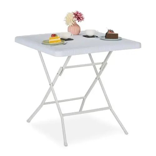 Produktbild: Relaxdays Gartentisch Holz-Optik, quadratisch, HBT: 74x78x78 cm, Balkontisch, Kunststoff, Metall, Outdoortisch, weiß