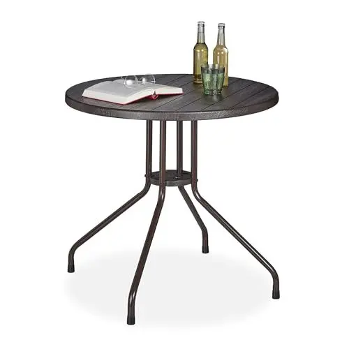 Produktbild: Relaxdays Gartentisch, Holz-Optik, runder Outdoortisch, Kunststoff, Metall, robust, Balkontisch, HxD: 75 x 80 cm, braun