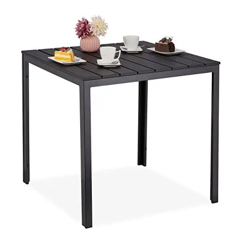 Produktbild: Relaxdays Gartentisch, HxBxT: 74x78x78 cm, Balkontisch Holzoptik, Kunststoff, Stahl, Terrassentisch quadratisch, schwarz