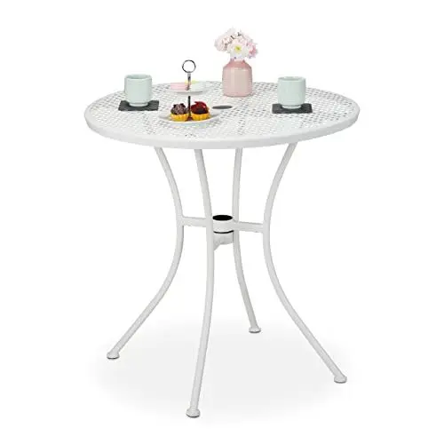 Produktbild: Relaxdays Gartentisch, mit Schirmloch & Stöpsel, Gitter-Optik, robuster Stahl, HxD: 72 x 70 cm, runder Balkontisch, weiß