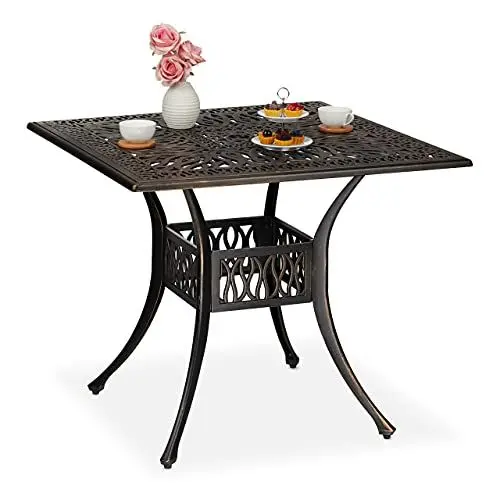 Produktbild: Relaxdays Gartentisch mit Schirmloch, antike Optik, Aluminiumguss, 75 x 90 x 90 cm, eckiger Balkontisch, schwarz/Bronze