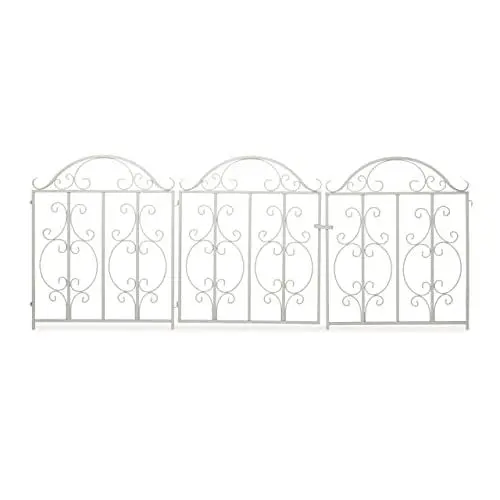 Produktbild: Relaxdays Gartentor, 3-teilig, Stahl, Gartenpforte Ornamente, Gartentür mit 2 Zaunelementen, HxB: 98,5 x 185 cm, weiß
