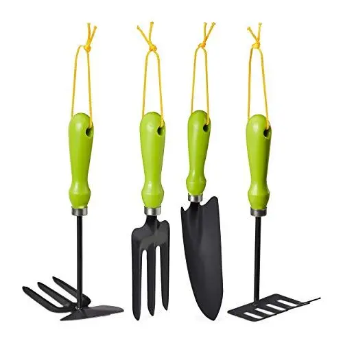 Produktbild: Relaxdays Gartenwerkzeug Set 4-teilig, Blumenkelle, Kleinrechen, Doppelhacke, Blumengabel, Gartengeräte Set, Eisen, grün