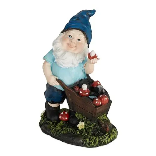 Produktbild: Relaxdays Gartenzwerg mit Pilzen, wetterfest, frostsicher, HBT 14,5 x 10,5 x 7 cm, Gartenfigur Wichtel, Kunststein, bunt