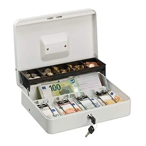 Produktbild: Relaxdays Geldkassette abschließbar, Münzeinsatz, 4 Scheinfächer, Geldkasse Eisen, Kasse HBT 8,5 x 30,5 x 24,5 cm, weiß