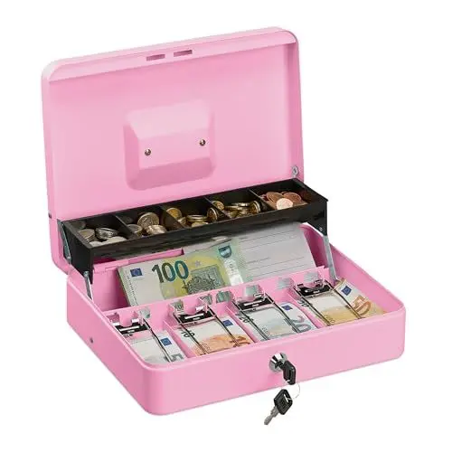 Produktbild: Relaxdays Geldkassette abschließbar, Münzeinsatz & 4 Scheinfächer, Geldkasse Eisen, HxBxT: 8,5 x 30,5 x 24,5 cm, pink