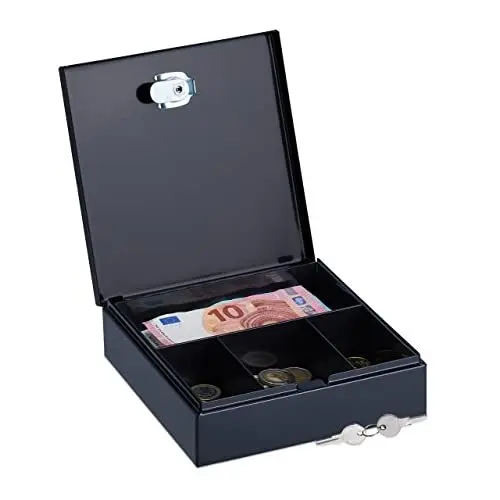 Produktbild: Relaxdays Geldkassette, abschließbar, Stahl, 2 Schlüssel, Kleingeld & Scheine, HxBxT: 5 x 17,5 x 17 cm, Kassa, schwarz
