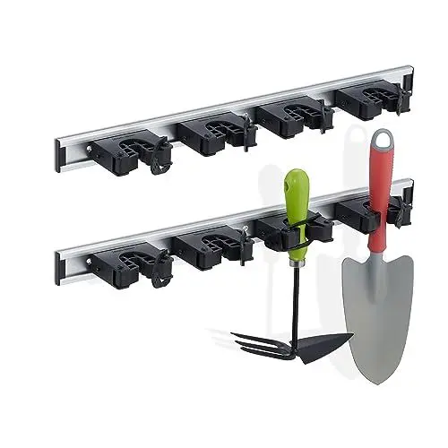 Produktbild: Relaxdays, schwarz/Silber Gerätehalter Wandhalterung, 2er Set, Besenhalter Wand, 4 Wandklemmen, Gartengeräte, Aluminium, Kunststoff