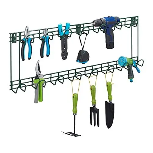 Produktbild: Relaxdays Gerätehalter für Gartengeräte, 15 Haken, bis 120 kg, Geräte Wandhalterung, HBT: 30x90x7 cm, Geräteleiste, grün