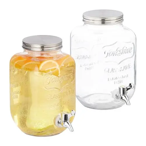Produktbild: Relaxdays Getränkespender 2er Set, Limobehälter 4L, Zapfhahn und Deckel, Wasserspender, Glas & Kunststoff, transparent