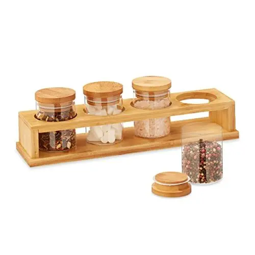 Produktbild: Relaxdays Gewürzbehälter Set, 4 Gewürzgläser, inkl. Deckel, Glas & Bambus, Zuckerdosen mit Halterung, Natur/transparent