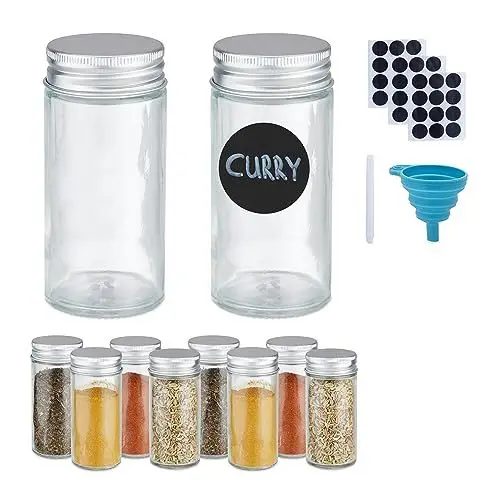 Produktbild: Relaxdays Gewürzgläser 10er Set, Streueinsatz, Gewürzdosen Glas, 120 ml, Etiketten, Stift & Trichter, transparent/Silber