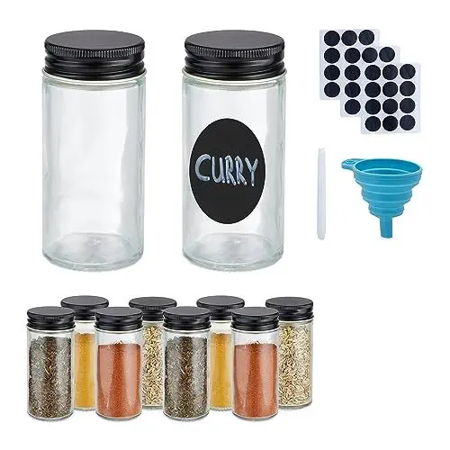 Produktbild: Relaxdays Gewürzgläser 10er Set, Streueinsatz, Gewürzdosen Glas, mit Etiketten, Stift & Trichter, transparent/schwarz