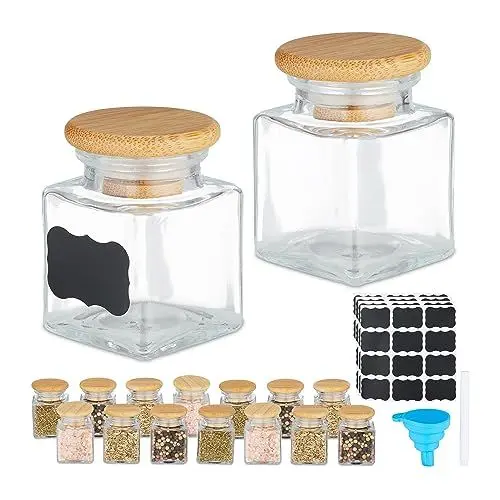 Produktbild: Relaxdays Gewürzgläser 16er Set, Gewürzdosen Glas, 50 ml, mit Etiketten, Stift & Trichter, Bambus, transparent/Natur, Silikon