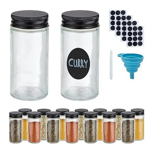 Produktbild: Relaxdays Gewürzgläser 16er Set, Streueinsatz, Gewürzdosen Glas, mit Etiketten, Stift & Trichter, transparent/schwarz