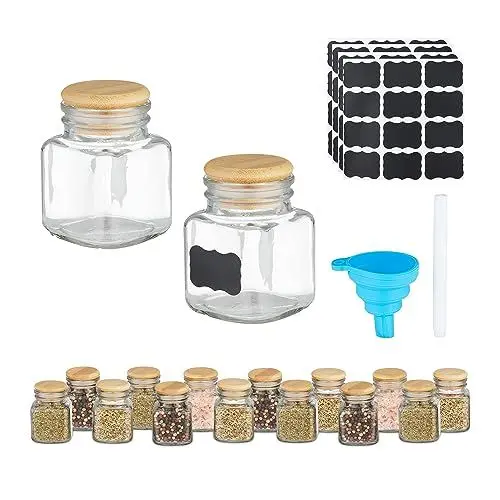 Produktbild: Relaxdays Gewürzgläser 16er Set, eckig, Gewürzdosen Glas, 100 ml, mit Etiketten, Stift & Trichter, transparent/Natur, Bambus, Silikon