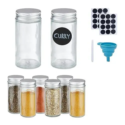 Produktbild: Relaxdays Gewürzgläser 8er Set, Streueinsatz, Gewürzdosen Glas, 120 ml, Etiketten, Stift & Trichter, transparent/Silber