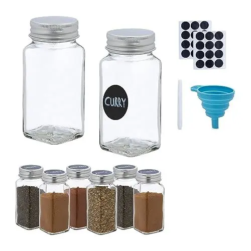 Produktbild: Relaxdays Gewürzgläser 8er Set, Streueinsatz, Gewürzdosen Glas, 120 ml, inkl. Etiketten, Stift & Trichter, transparent