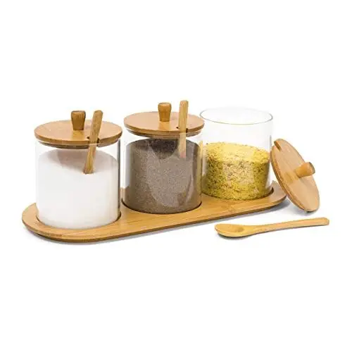 Produktbild: Relaxdays Gewürzgläser JIAO HBT: 12 x 31 x 12 cm Bambus Gewürzhalter für 3 Gewürzbehälter aus Glas mit passenden Löffeln als Alternative zu Gewürzständer und Gewürzregal für Küche und Esstisch, natur