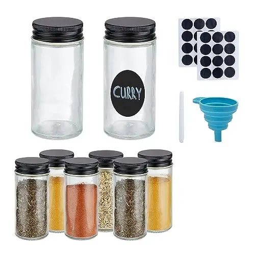 Produktbild: Relaxdays Gewürzgläser Set, Streueinsatz, Gewürzdosen Glas, mit Etiketten, Stift & Trichter, transparent/schwarz, 8er