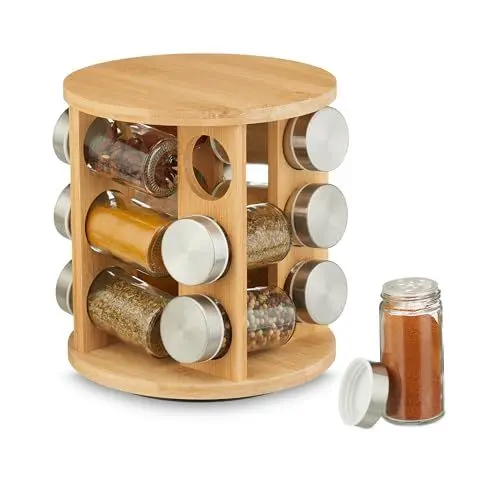 Produktbild: Relaxdays Gewürzkarussell, 12 Gewürzgläser, 360° drehbarer Gewürzständer, HxD 21 x 21 cm, Bambus, Gewürzregal, natur