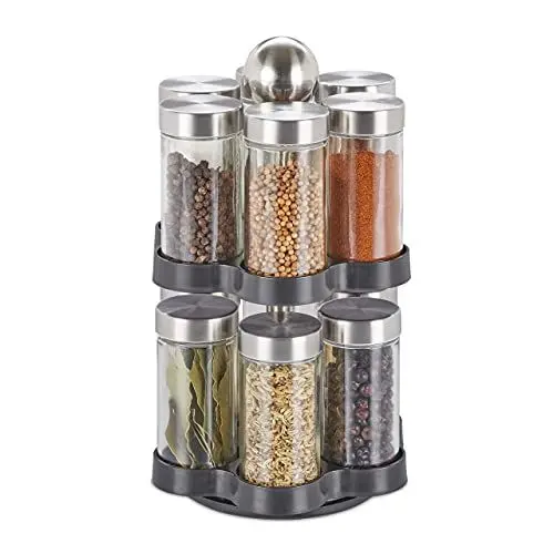 Produktbild: Relaxdays, Silber/schwarz Gewürzkarussell, 12 Gewürzgläser, Gewürzregal 360° drehbar, Edelstahl, Glas, HxD: 25,5 x 14 cm, Kunststoff