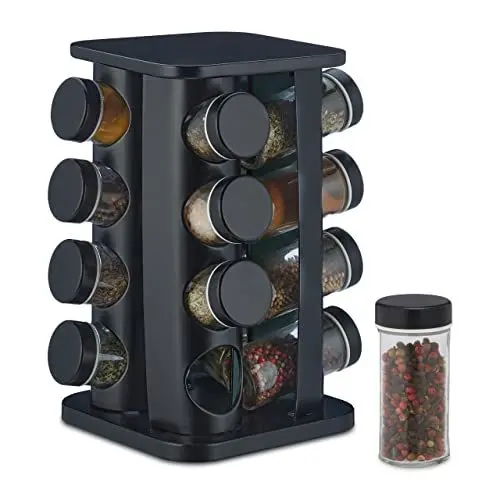 Produktbild: Relaxdays Gewürzkarussell, 16 Gewürzgläser, 360° drehbar, Edelstahl & Glas, HBT: 27,5 x 20 x 20 cm, Gewürzregal, schwarz