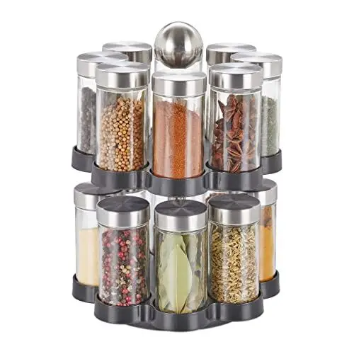 Produktbild: Relaxdays, Silber/schwarz Gewürzkarussell, 16 Gewürzgläser, Gewürzregal 360° drehbar, Edelstahl, Glas, HxD: 25 x 17,5 cm, Kunststoff