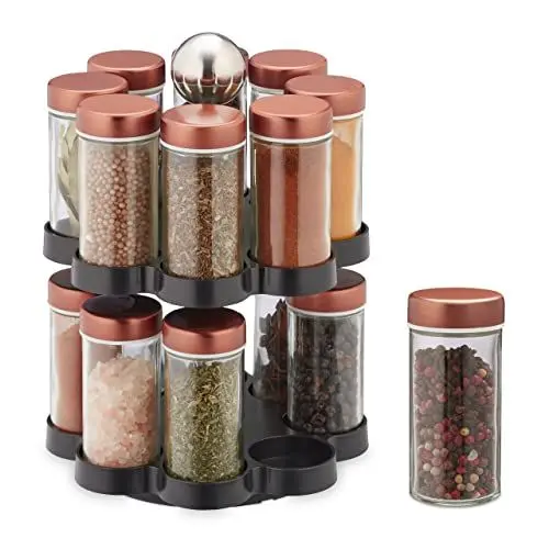 Produktbild: Relaxdays Gewürzkarussell, 16 Gewürzgläser mit Streueinsatz, 360° drehbar, Edelstahl & Glas, HxD: 26 x 17 cm, bunt