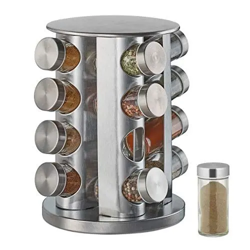 Produktbild: Relaxdays Gewürzkarussell, mit 16 Gewürzgläsern, 360° drehbar, Edelstahl, Glas, HxD 28 x 22 cm, Gewürzregal rund, silber