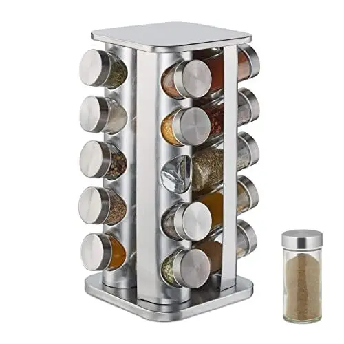 Produktbild: Relaxdays Gewürzkarussell mit 20 Gewürzgläsern, 360° drehbar, Edelstahl, Glas, Gewürzregal HxD 34 x 19 cm, eckig, silber, 10032728