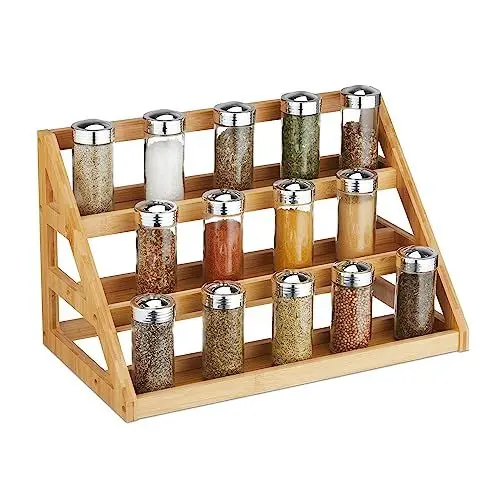 Produktbild: Relaxdays Gewürzregal, Bambus, HxBxT: 23,5 x 39,5 x 21,5 cm, 3 Ebenen, Gewürzhalter stehend, Gewürzaufbewahrung, natur
