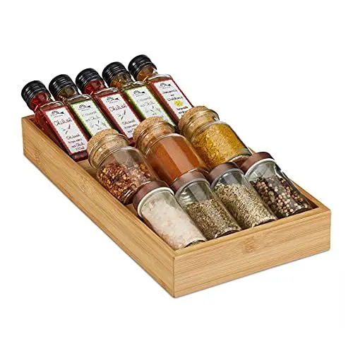 Produktbild: Relaxdays Gewürzregal für Schublade, 3 Stufen, liegend, aus Bambus, HxBxT: 5x20x37 cm, Gewürzschubladeneinsatz, natur