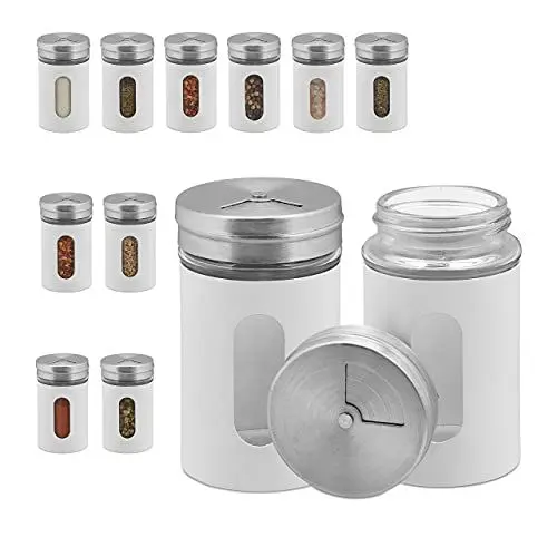 Produktbild: Relaxdays Gewürzstreuer, 12er Set, 3 Streugrade, Gewürze & Kräuter, Gewürzgläser, 90 ml, Glas & Edelstahl, weiß/Silber
