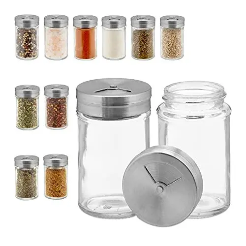 Produktbild: Relaxdays Gewürzstreuer, 12er Set, 3 Streugrößen, Gewürze & Kräuter, Gewürzgläser, Glas & Edelstahl, Silber/transparent