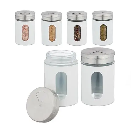 Produktbild: Relaxdays Gewürzstreuer, 6er Set, 3 Streugrößen, Gewürze & Kräuter, XL Gewürzgläser, 290 ml, Glas & Edelstahl, weiß