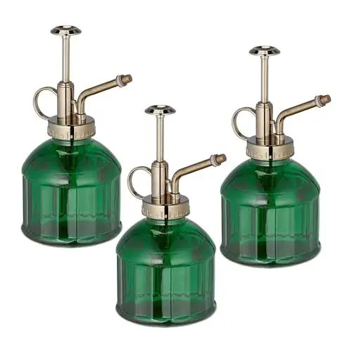 Produktbild: Relaxdays Glas Sprühflasche 3er Set, je 200 ml, nachfüllbar, mit Henkel, Handsprüher für Blumen, Pflanzen, grün/bronze
