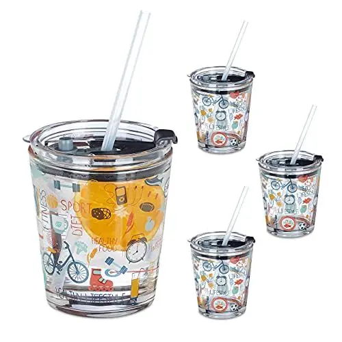 Produktbild: Relaxdays Glasbecher mit Deckel & Strohhalm, 4er Set, mit Sport-Motiv, 350 ml, Trinkgläser für Kinder, transparent