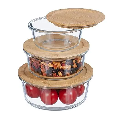 Produktbild: Relaxdays Glasbehälter mit Deckel, 3-TLG. Set, bis 925 ml, Bambusdeckel, luftdicht, Frischhaltedosen, transparent/Natur