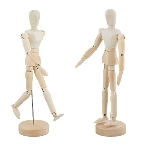 Produktbild: Relaxdays Gliederpuppe 2er Set, Holzpuppe, 20 cm Zeichenpuppe, bewegliche Holzfigur, zum Zeichnen, Zeichenfigur, Natur