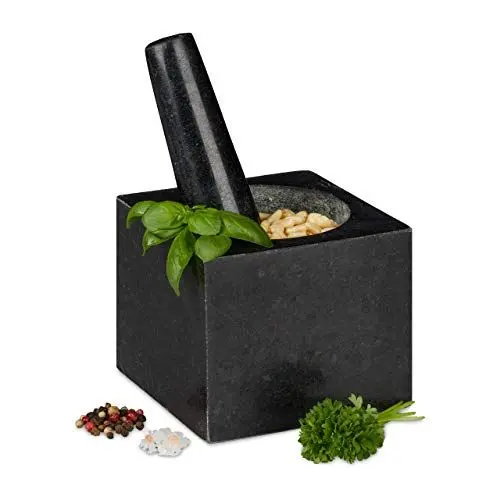 Produktbild: Relaxdays Granit Mörser mit Stößel, eckig, langlebig, Gewürze, Kräuter, 9,5x11x11cm, 250 ml, polierter Steinmörser, grau