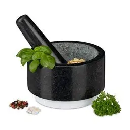 Produktbild: Relaxdays Granit Mörser mit Stößel, langlebig, Gewürze, Kräuter, rutschfest, Steinmörser, Ø 14 cm, 400 ml, grau/weiß
