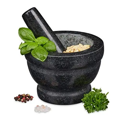 Produktbild: Relaxdays Granit Mörser mit Stößel, robust & langlebig, Gewürze, Kräuter, polierter Steinmörser, Ø 14 cm, 400 ml, grau, 10 x 14 x 14 cm