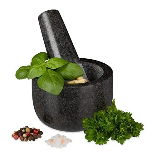 Produktbild: Relaxdays Granit Mörser mit Stößel, robust & langlebig, Gewürze, Kräuter, polierter Steinmörser, Ø 8,5 cm, V 100ml, grau, Anthrazit