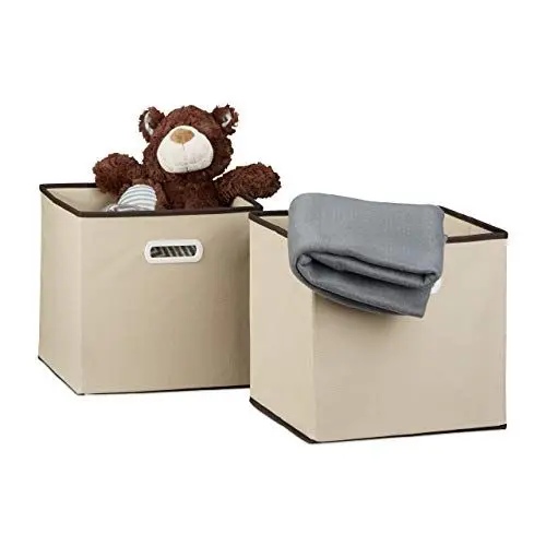 Produktbild: Relaxdays Faltbox 2er Set, mit Griff, quadratisch, 30 x 30 cm, Stoff Aufbewahrungsbox ohne Deckel, Regalbox, beige